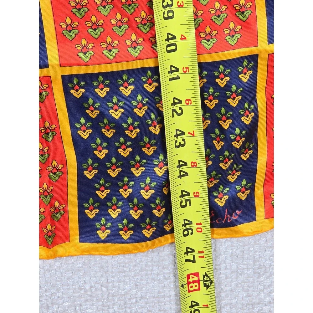 Echo Vintage 100% Pure Silk Scarf Red Navy Blue Yellow Floral Grid Made in Japan